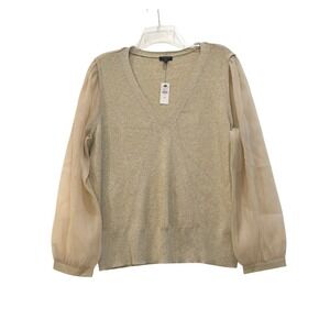 Talbots Plus 2X Metallic Gold Knit V-Neck Sweater Sheer Chiffon Sleeve NEW